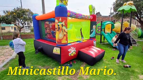 Castillo inflable infantil de Mario con temática de Super Mario en parque.